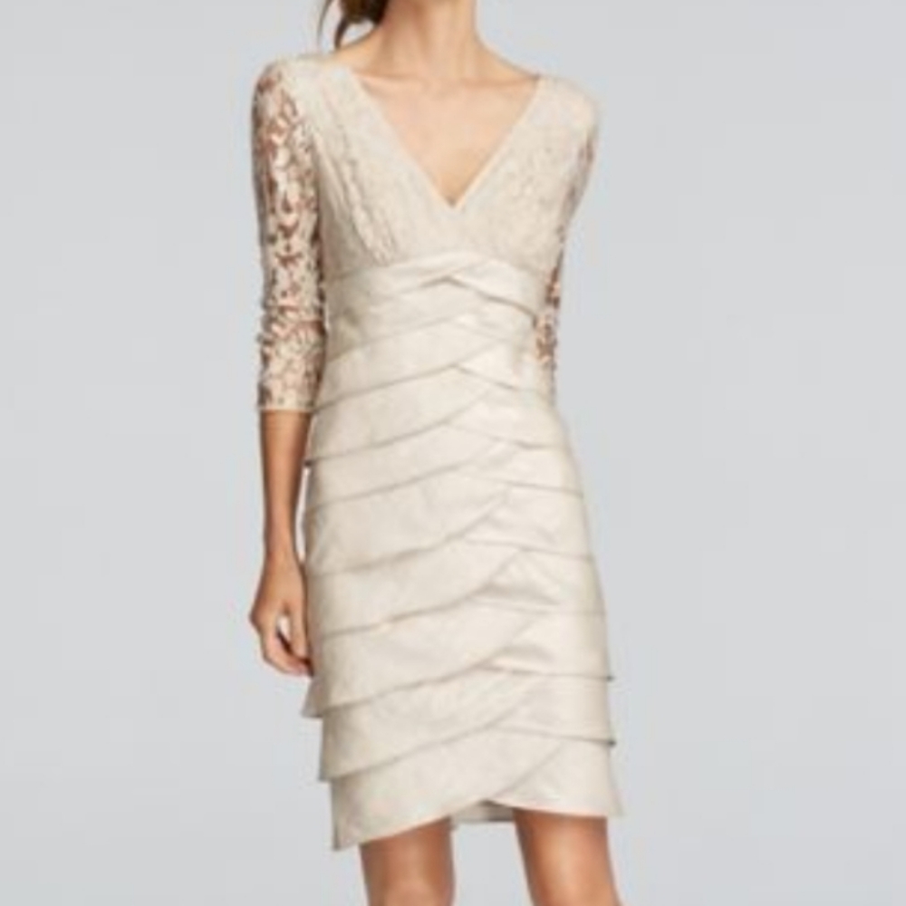 ADRIANNA PAPELL 3/4 Illusion Sleeve Lace Trim with Tiered Skirt